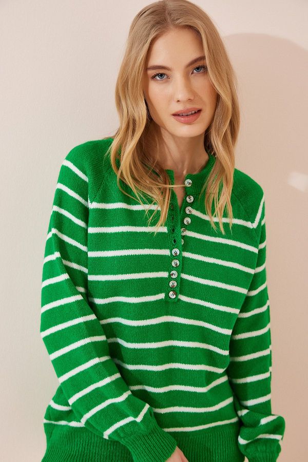 Happiness İstanbul Happiness İstanbul Women's Vivid Green Buttoned Collar Striped Knitwear Sweater