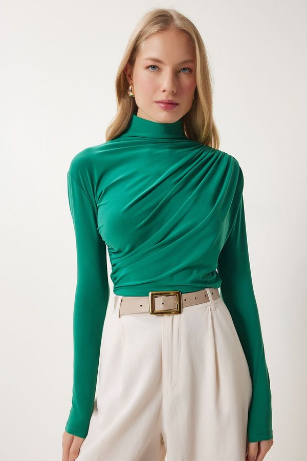 Happiness İstanbul Happiness İstanbul Women's Vivid Green Gathered Detailed Stand Collar Sandy Blouse