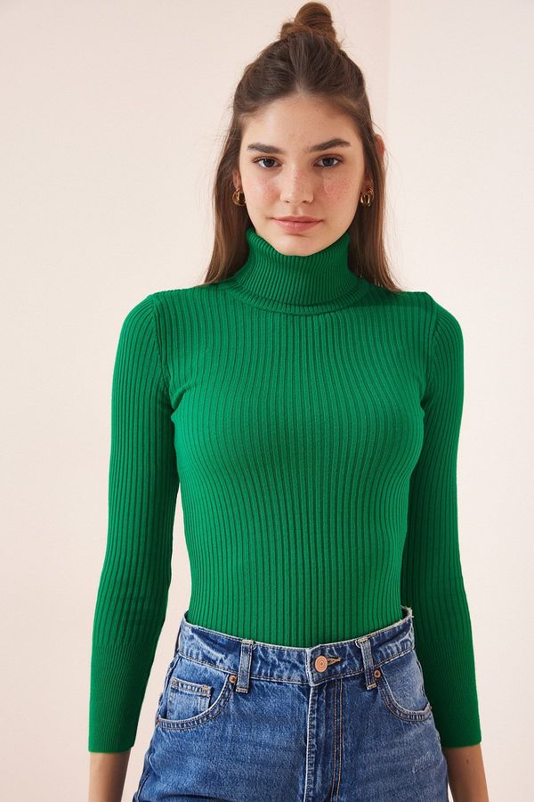 Happiness İstanbul Happiness İstanbul Women's Vivid Green Turtleneck Ribbed Lycra Sweater