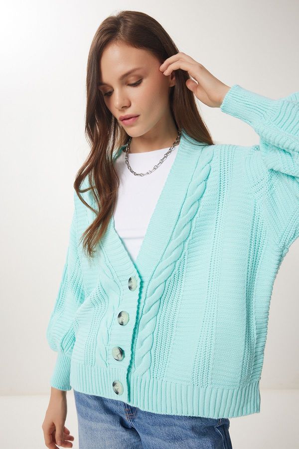 Happiness İstanbul Happiness İstanbul Women's Water Green Braided Balloon Sleeve Loose Knitwear Cardigan