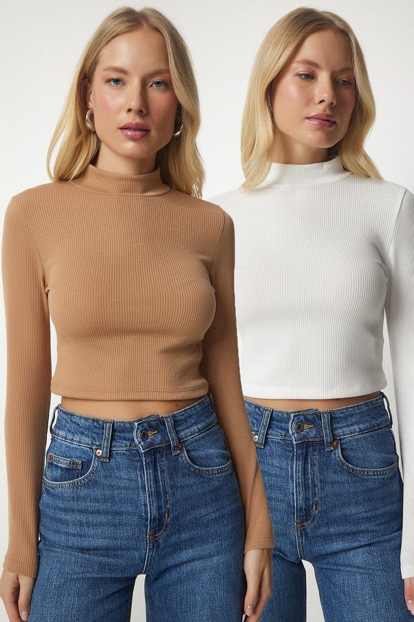 Happiness İstanbul Happiness İstanbul Women's White Biscuit High Collar Ribbed Camisole 2 Pack Crop Blouse