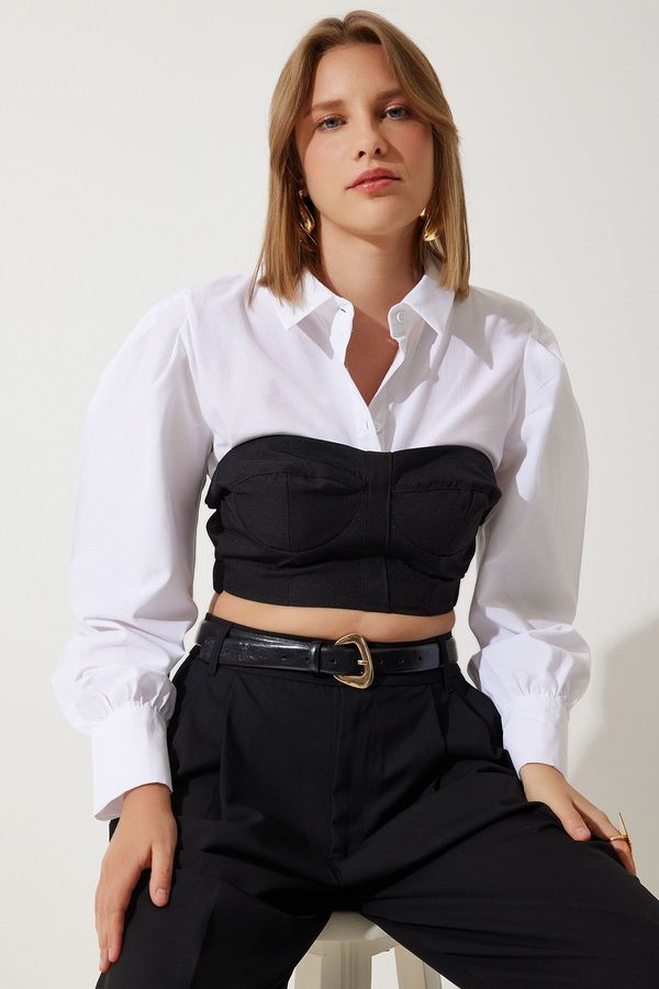 Happiness İstanbul Happiness İstanbul Women's White Black Color Block Crop Shirt Blouse