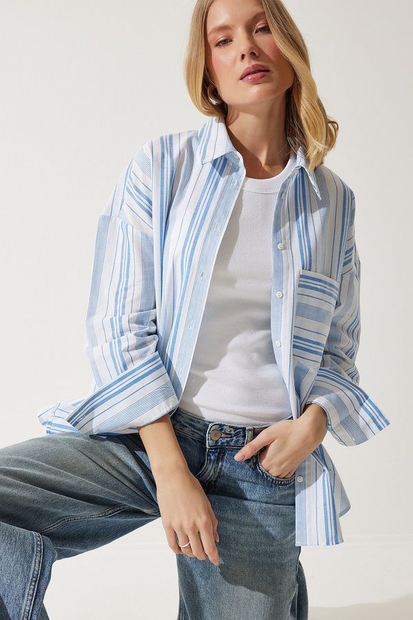 Happiness İstanbul Happiness İstanbul Women's White Blue Striped Cotton Oversize Shirt
