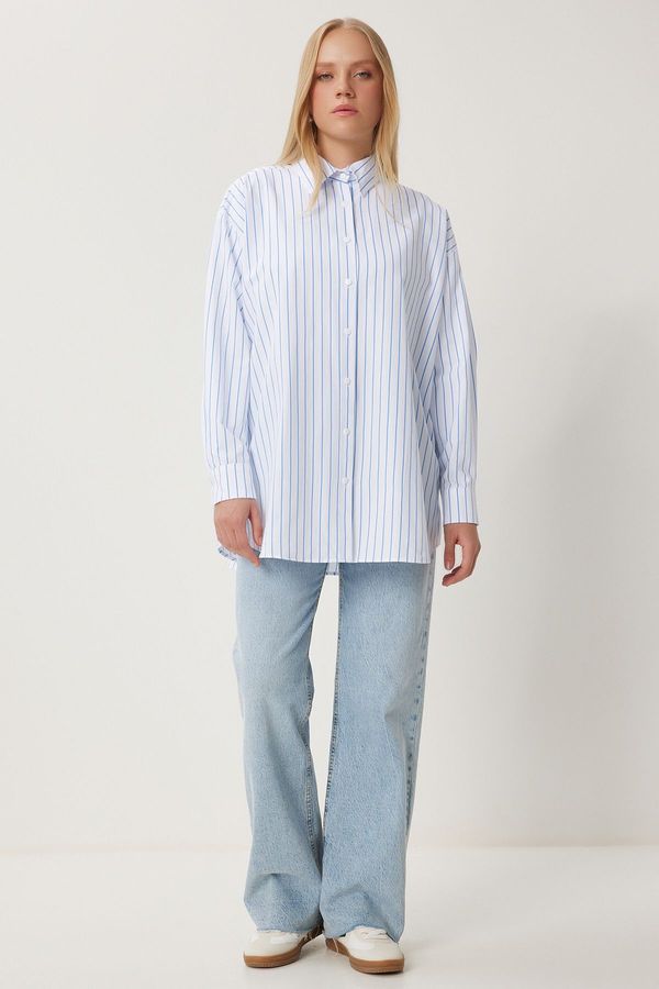 Happiness İstanbul Happiness İstanbul Women's White Blue Striped Oversize Long Woven Shirt