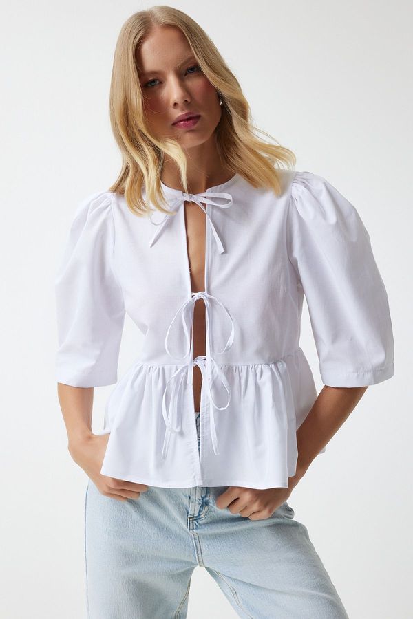 Happiness İstanbul Happiness İstanbul Women's White Bow Balloon Sleeve Cotton Poplin Blouse