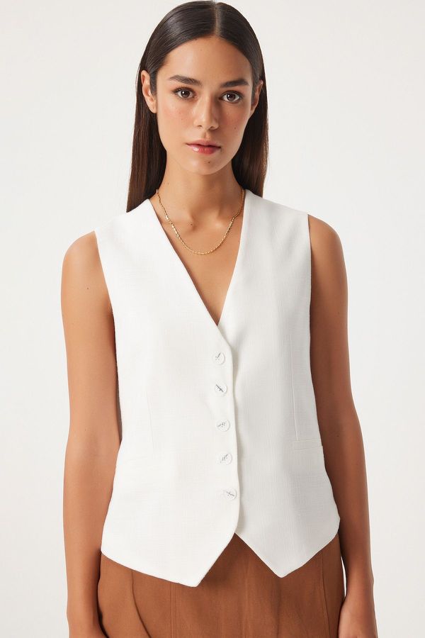 Happiness İstanbul Happiness İstanbul Women's White Button-Closed Linen Vest