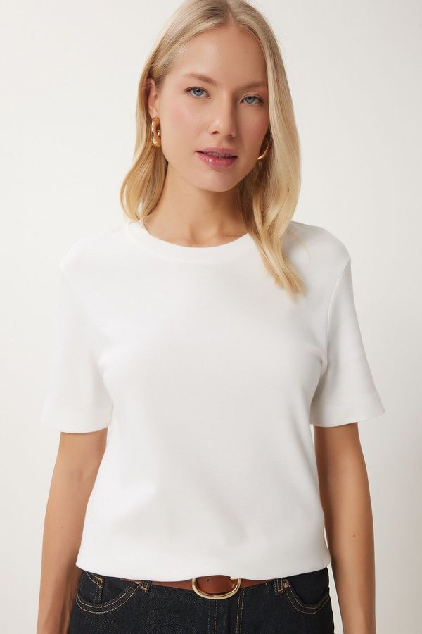Happiness İstanbul Happiness İstanbul Women's White Cotton Basic Knitted T-Shirt