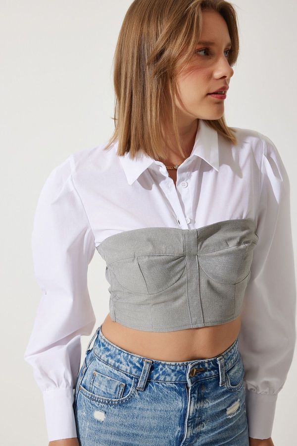 Happiness İstanbul Happiness İstanbul Women's White Gray Color Block Crop Shirt Blouse
