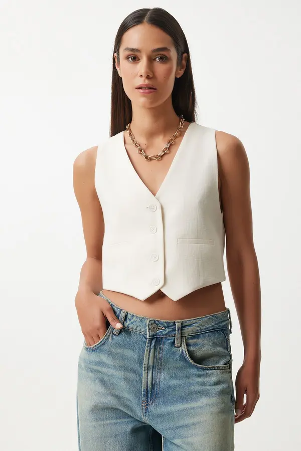 Happiness İstanbul Happiness İstanbul Women's White Linen Short Vest
