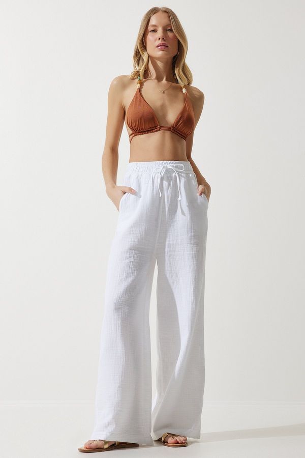 Happiness İstanbul Happiness İstanbul Women's White Muslin Palazzo Pants