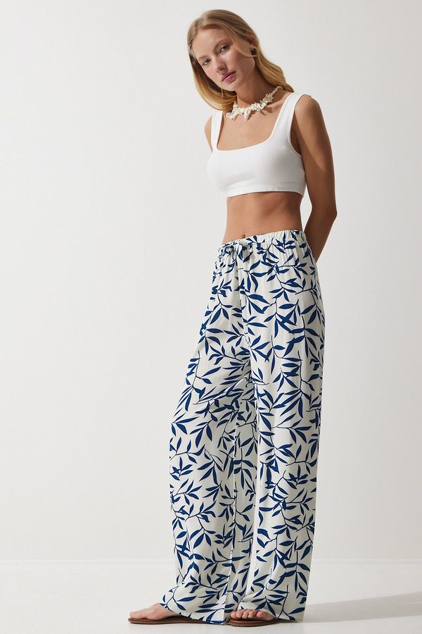 Happiness İstanbul Happiness İstanbul Women's White Navy Blue Patterned Flowing Viscose Palazzo Trousers