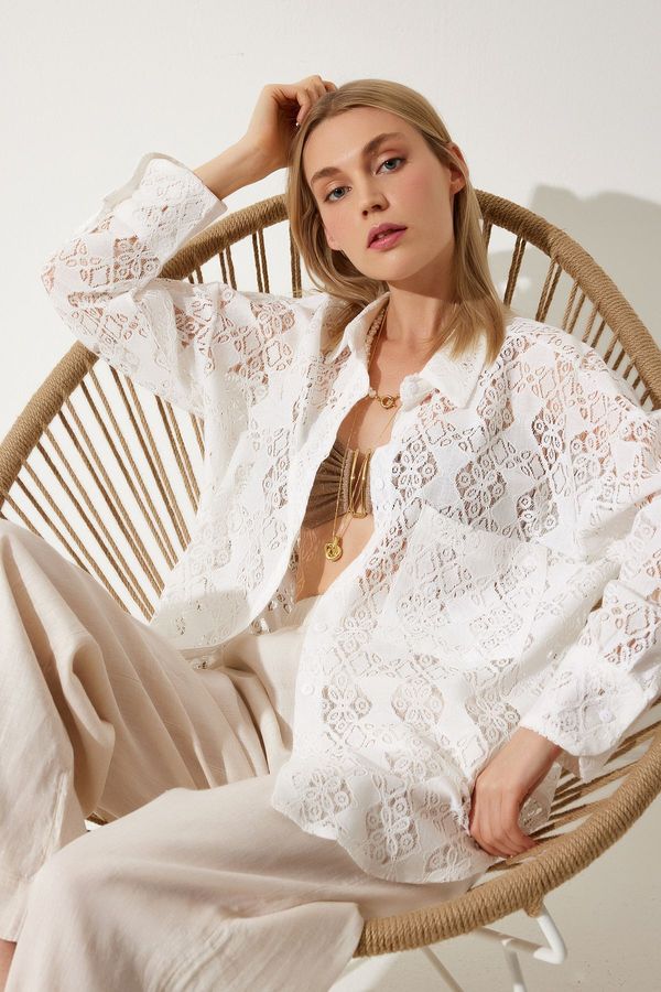 Happiness İstanbul Happiness İstanbul Women's White Premium Oversize Lace Shirt
