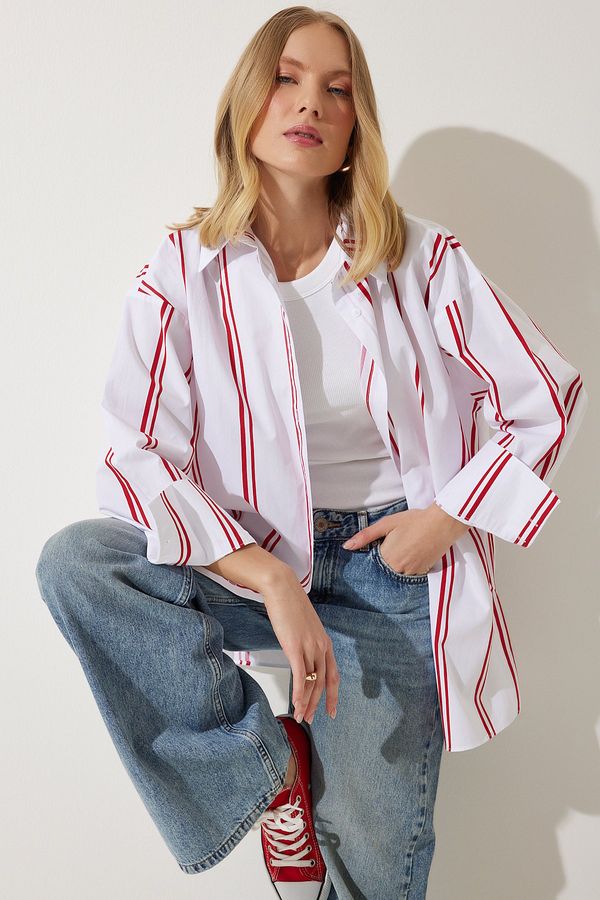Happiness İstanbul Happiness İstanbul Women's White Red Striped Oversize Poplin Shirt