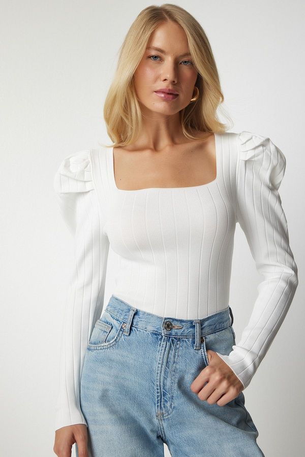 Happiness İstanbul Happiness İstanbul Women's White Square Neck Ribbed Knitwear Blouse