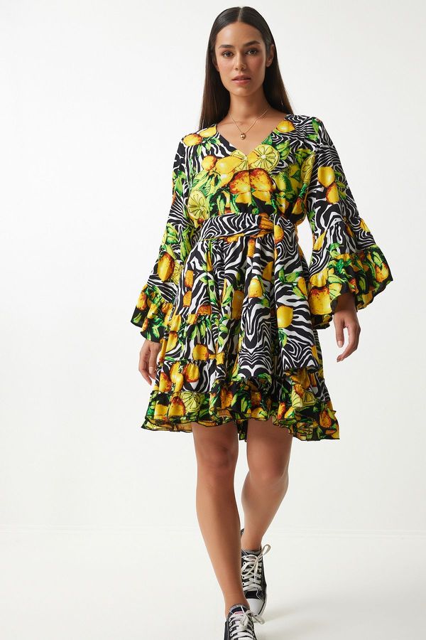 Happiness İstanbul Happiness İstanbul Women's Yellow Black Patterned Summer Loose Viscose Dress