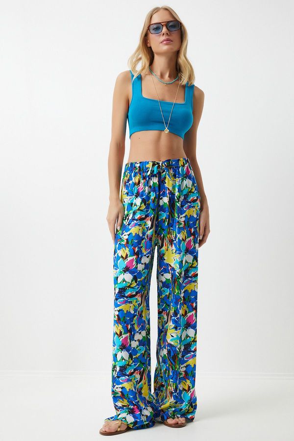 Happiness İstanbul Happiness İstanbul Women's Yellow Blue Patterned Loose Viscose Palazzo Trousers