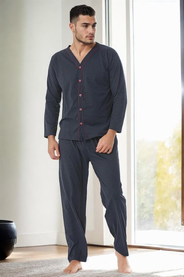 dewberry J4425 Dewberry Mens Buttoned Long Sleeve Pyjama Set-NAVY BLUE