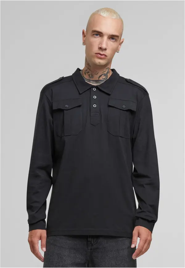 Brandit Jersey Willis Long Sleeve Polo Shirt - Black