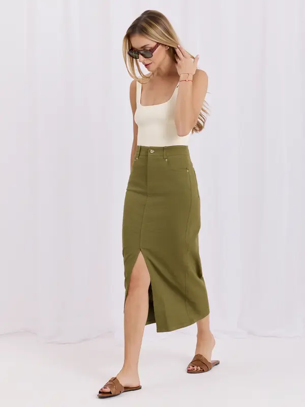 Factory Price Kaki jeans midi krilo z visokim pasom