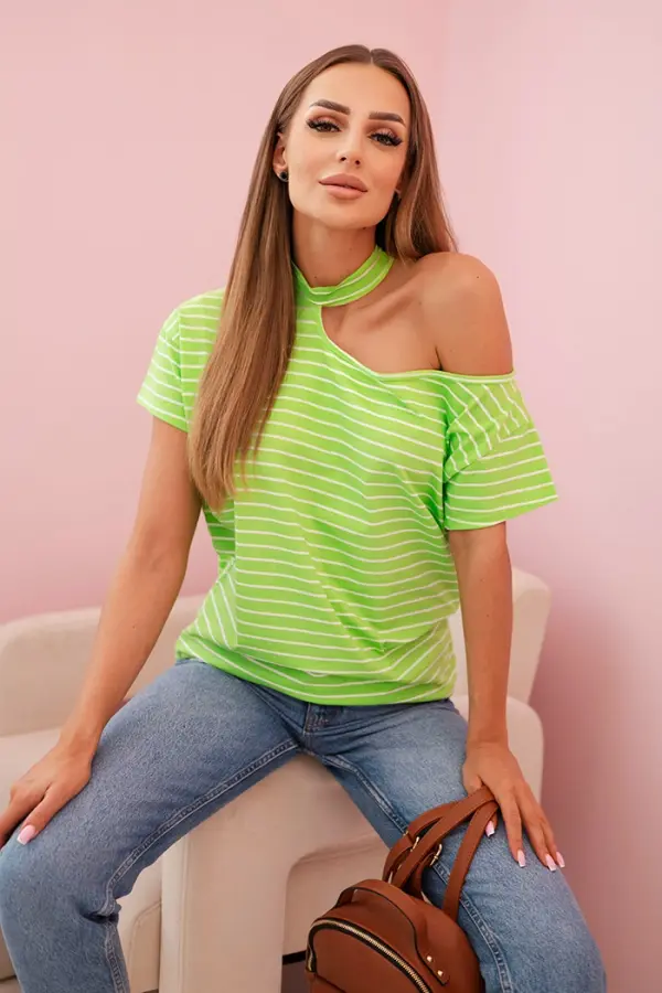 Kesi Kesi One-shoulder striped cotton women's blouse with a choker green