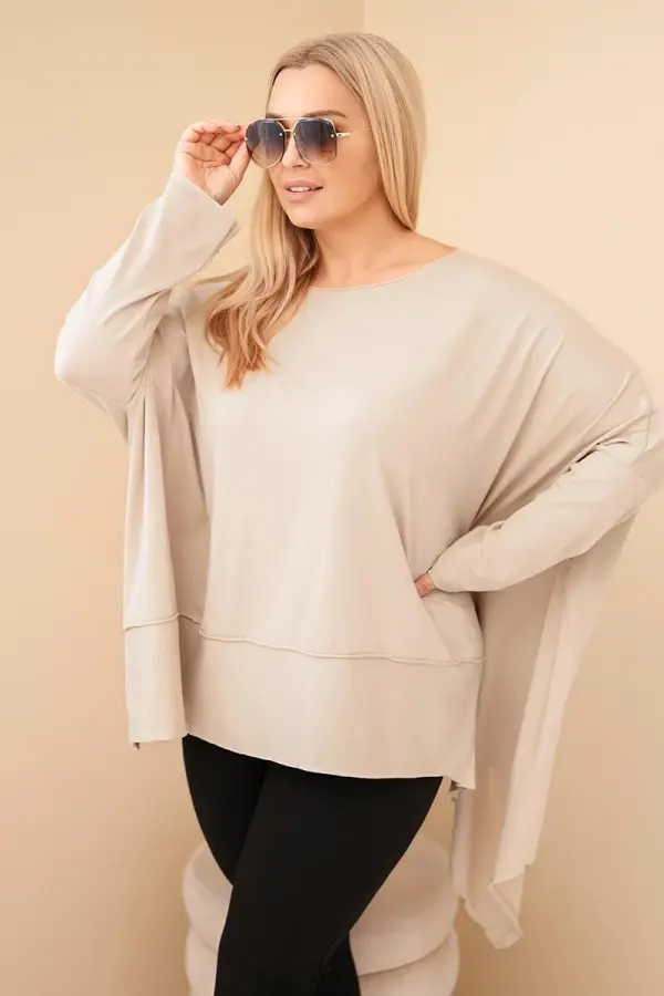 Kesi Włoski Kesi Plus Size women's cotton tunic with asymmetrical hem beige
