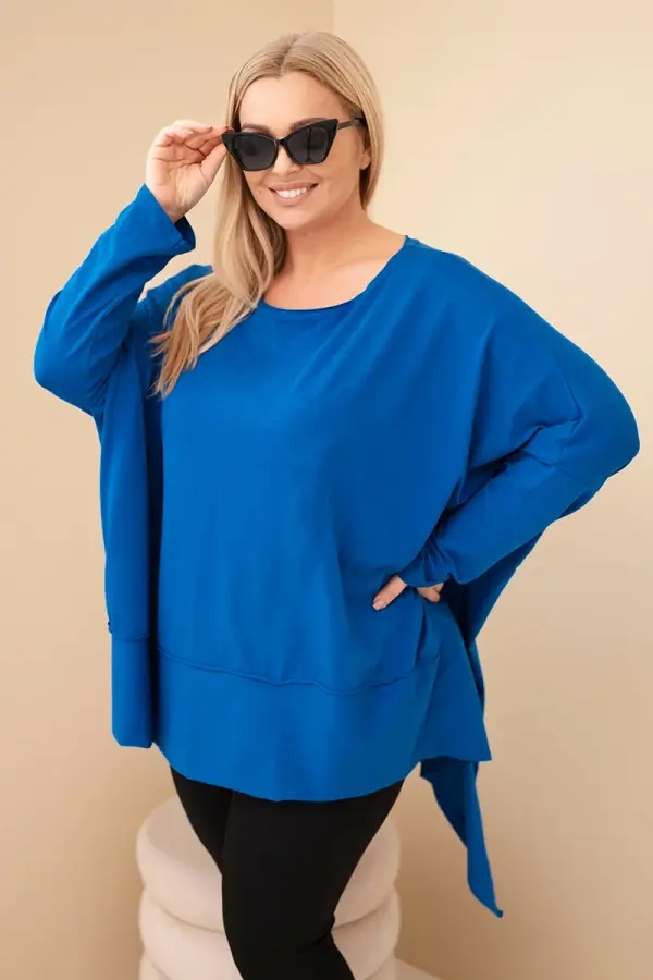 Kesi Włoski Kesi Plus Size women's tunic made of cotton with an asymmetric bottom sapphire blue