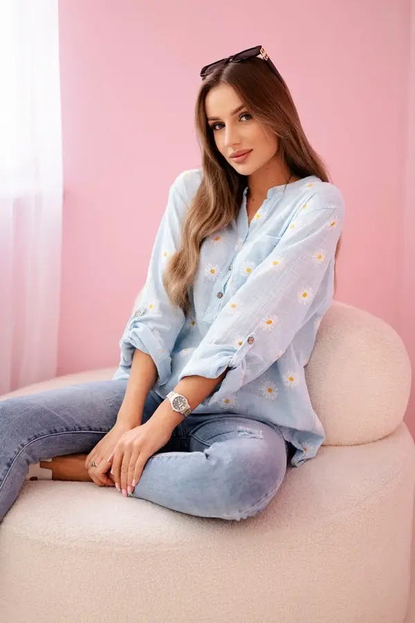 Kesi Włoski Kesi Włoski Linen Women's Blouse with Floral Pattern, Long Sleeves, and Buttons Blue