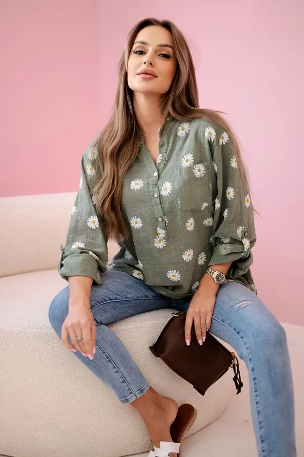 Kesi Włoski Kesi Włoski Linen Women's Blouse with Floral Pattern, Long Sleeves, and Buttons khaki