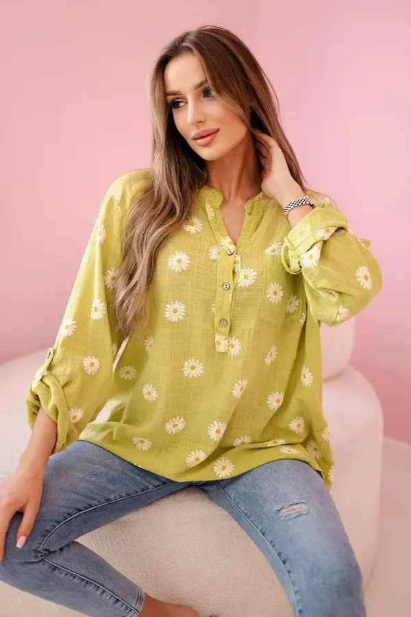 Kesi Włoski Kesi Włoski Linen Women's Blouse with Floral Pattern, Long Sleeves, and Buttons kiwi