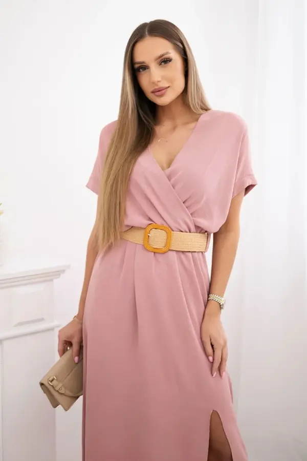 Kesi Włoski Kesi Włoski Long dress with a decorative belt  dark powder pink