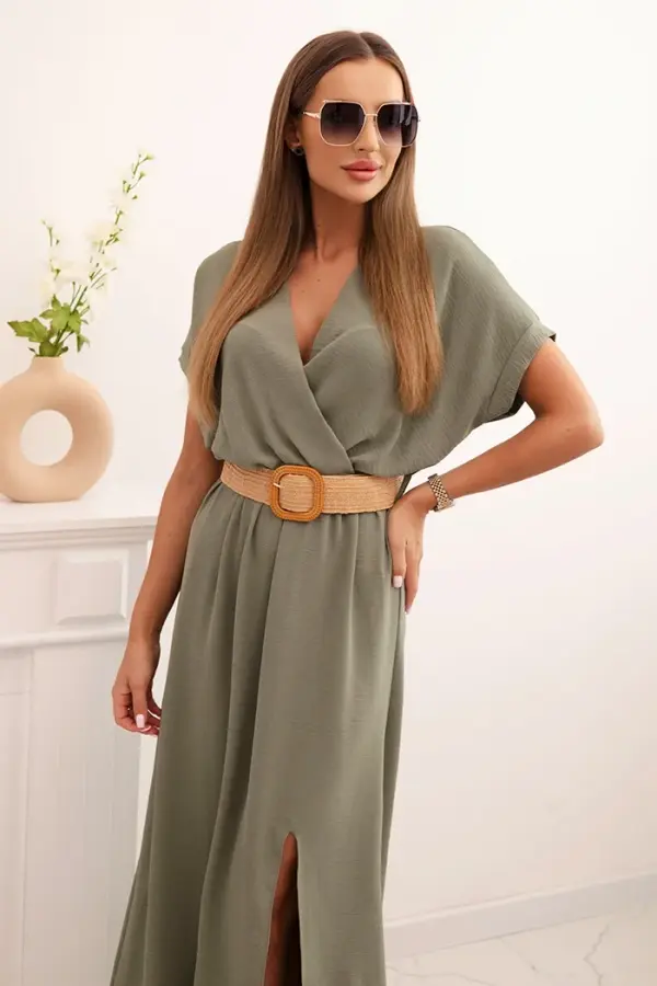 Kesi Włoski Kesi Włoski Long dress with decorative belt light khaki