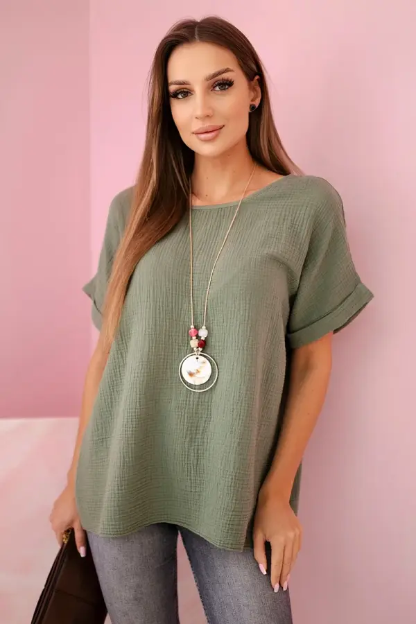 Kesi Włoski Kesi Włoski Muslin blouse with a necklace khaki