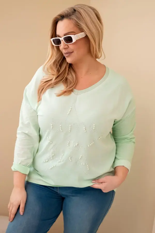 Kesi Włoski Kesi Włoski Plus Size women's blouse distressed with lettering and pearls mint