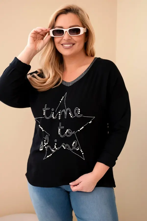 Kesi Włoski Kesi Włoski Plus Size women's blouse distressed with print and pearls black