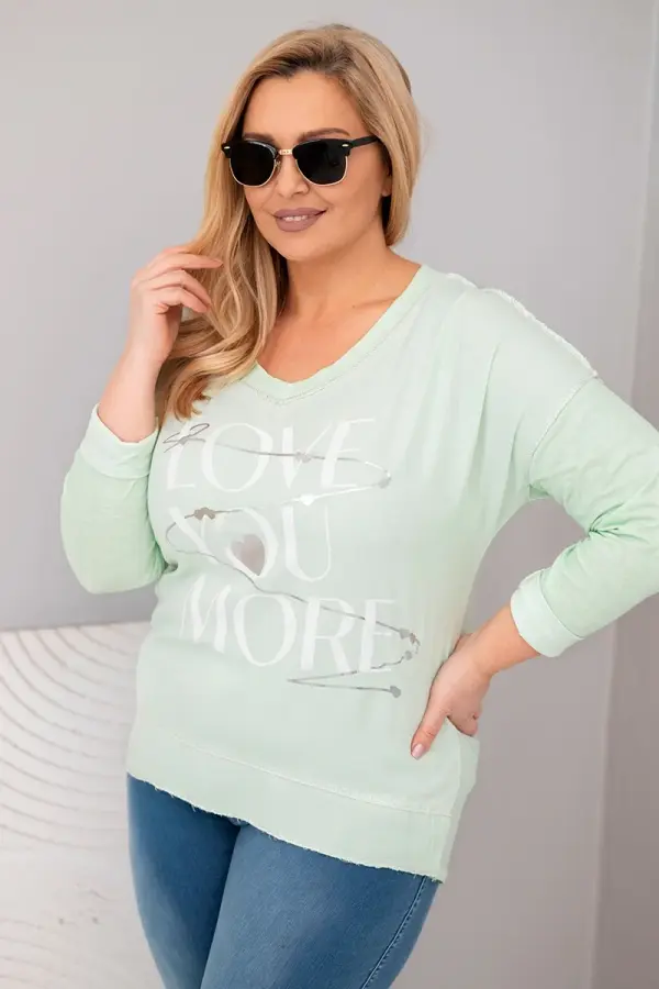 Kesi Włoski Kesi Włoski Plus Size women's blouse distressed with the inscription Love You More mint