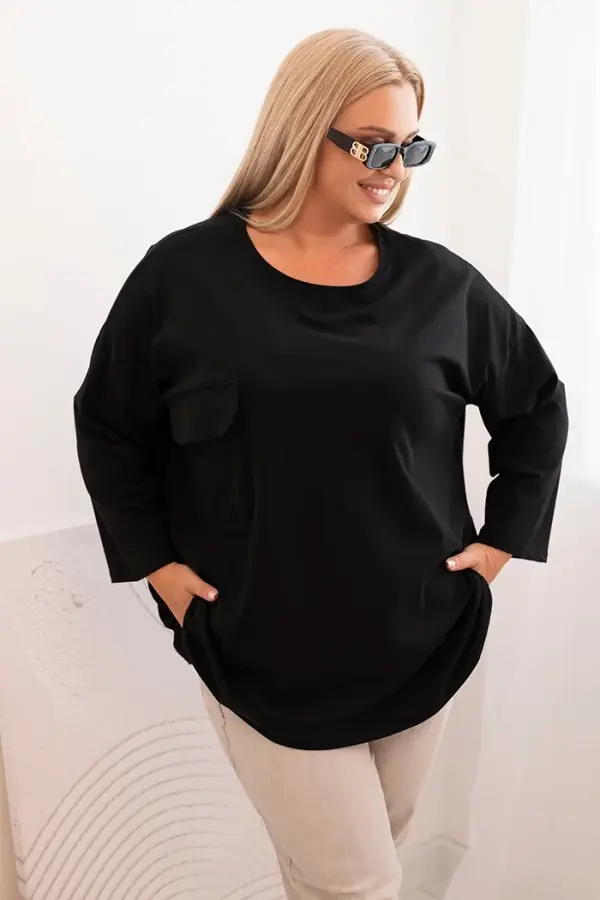 Kesi Włoski Kesi Włoski Plus Size women's blouse with cotton, featuring a pocket and rolled-up sleeves black