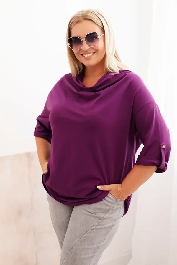 Kesi Włoski Kesi Włoski Plus Size women's blouse with cotton in a loose fit with a water neckline dark purple
