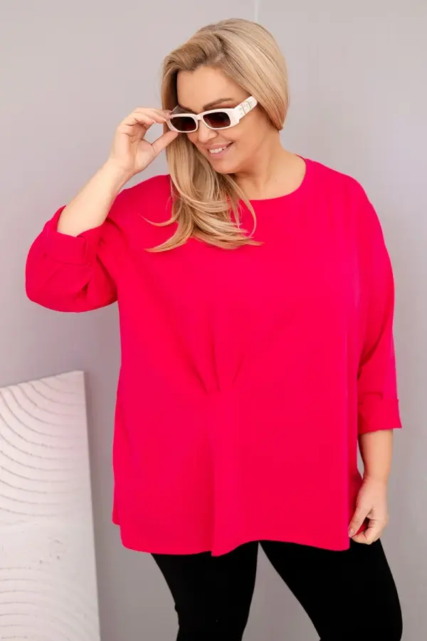 Kesi Włoski Kesi Włoski Plus size women's blouse with cotton, long sleeves and ruching fuchsia