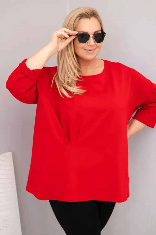Kesi Włoski Kesi Włoski Plus size women's blouse with cotton, long sleeves and ruching red