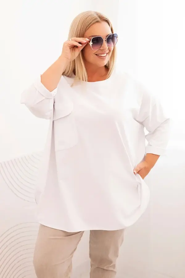Kesi Włoski Kesi Włoski Plus Size women's blouse with cotton, pocket, and rolled-up sleeve white