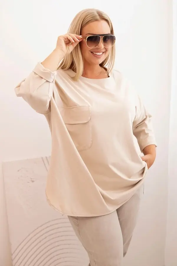 Kesi Włoski Kesi Włoski Plus Size women's blouse with cotton, pocket, and rolled-up sleeves beige