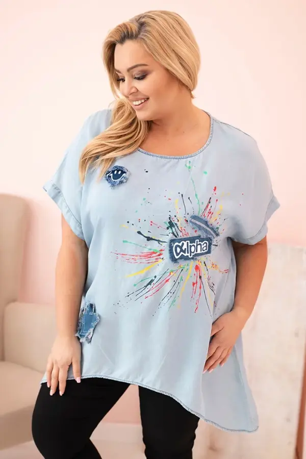 Kesi Włoski Kesi Włoski Plus Size women's blouse with patches light denim