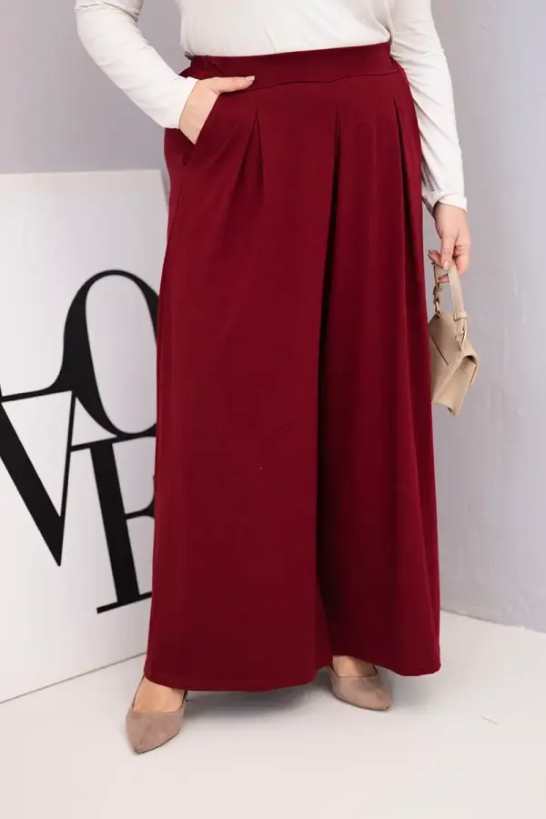 Kesi Włoski Kesi Włoski Plus Size women's cotton pants with wide legs and a loose fit burgundy
