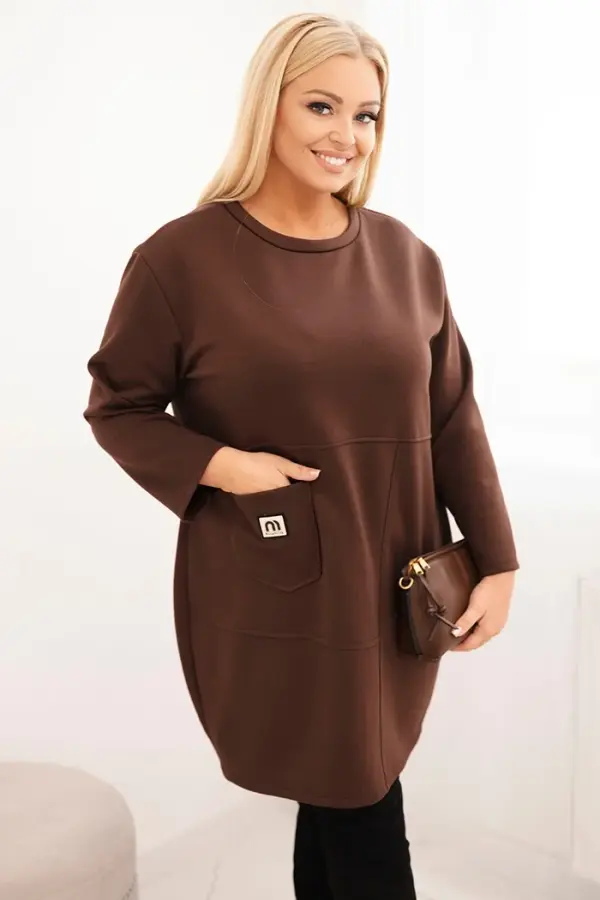 Kesi Włoski Kesi Włoski Plus Size women's dress butter with a pocket and 3/4 sleeve brown