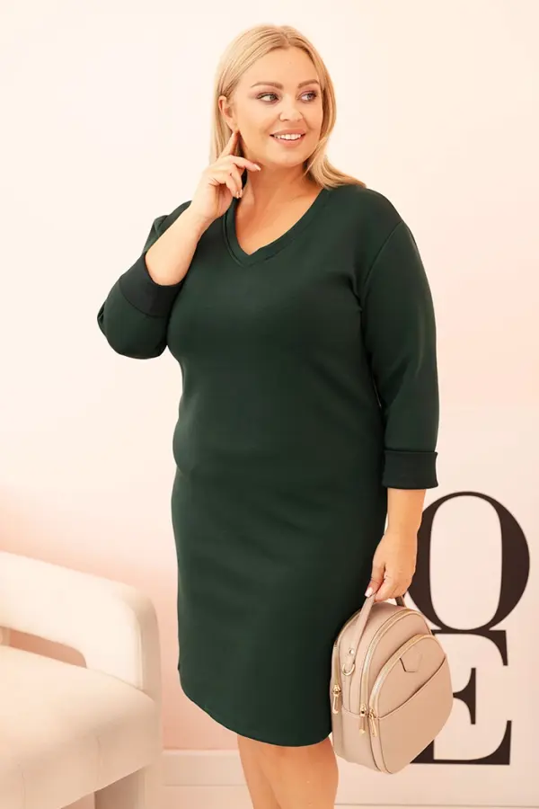Kesi Włoski Kesi Włoski Plus Size women's dress in butter color with a V-neck and sleeves dark green