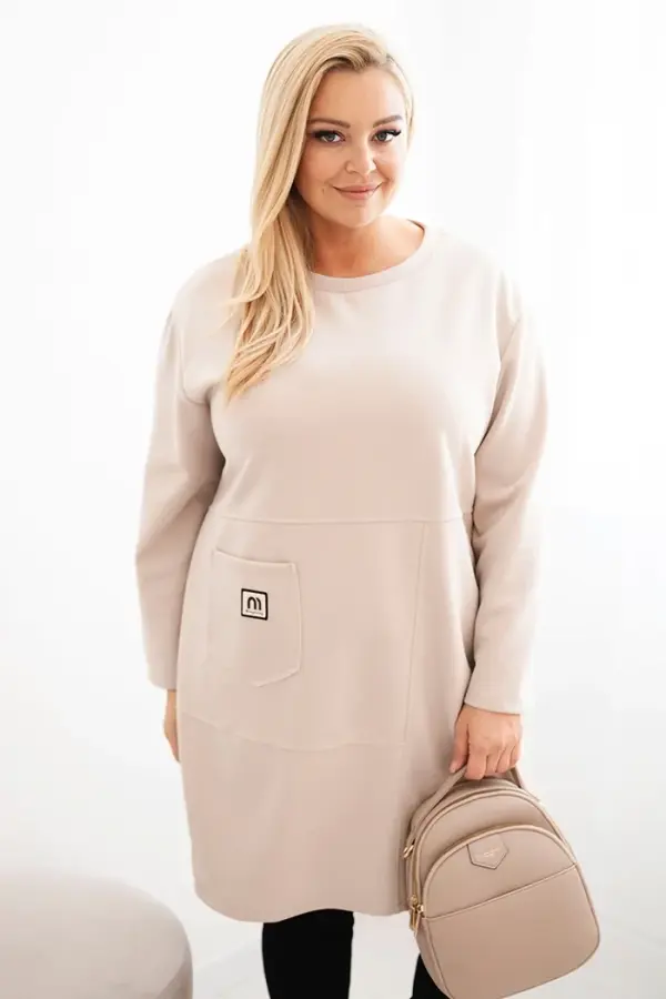 Kesi Włoski Kesi Włoski Plus Size women's dress with a pocket and 3/4 sleeve butter beige