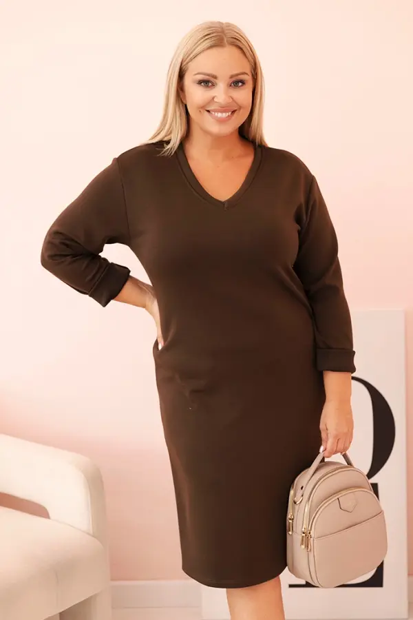 Kesi Włoski Kesi Włoski Plus Size women's dress with a V-neck and sleeve butter color brown