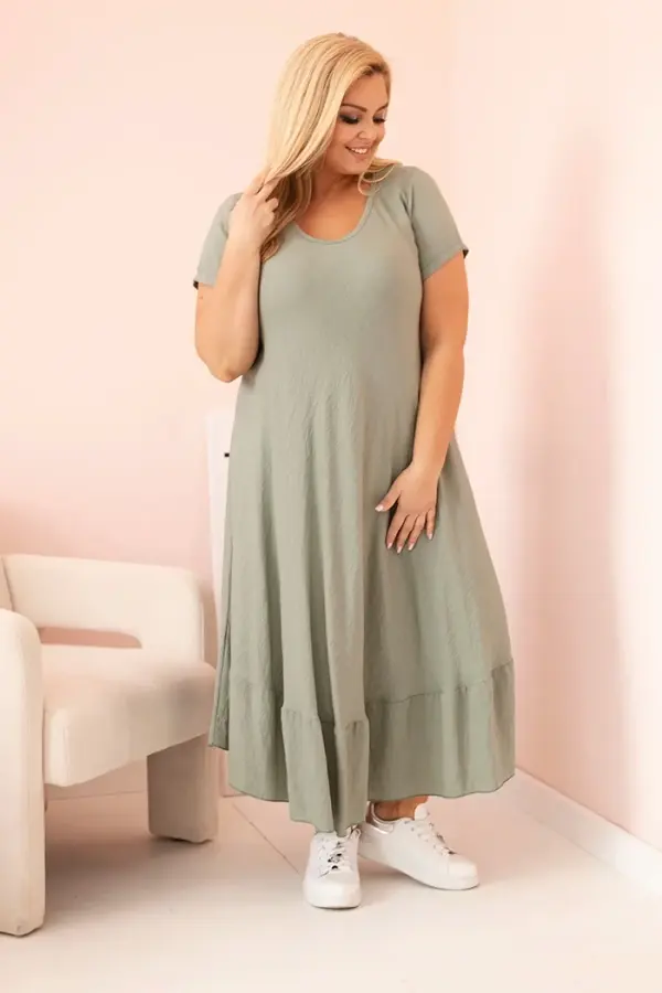 Kesi Włoski Kesi Włoski Plus size women's dress with short sleeves and ruffle made of light viscose khaki