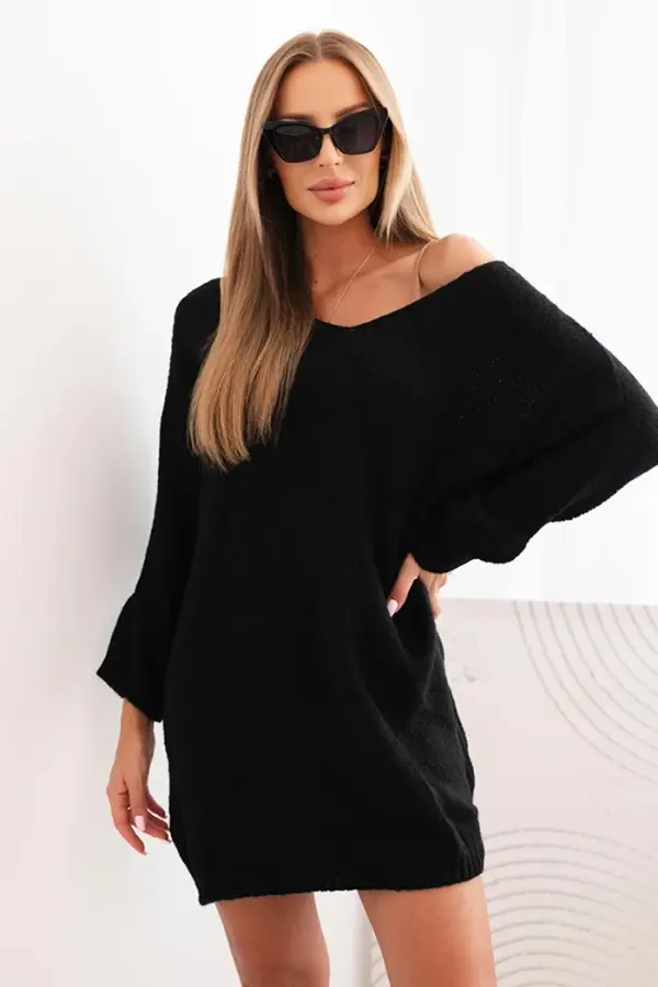 Kesi Włoski Kesi Włoski Plus Size women's dress wool with V-neck black