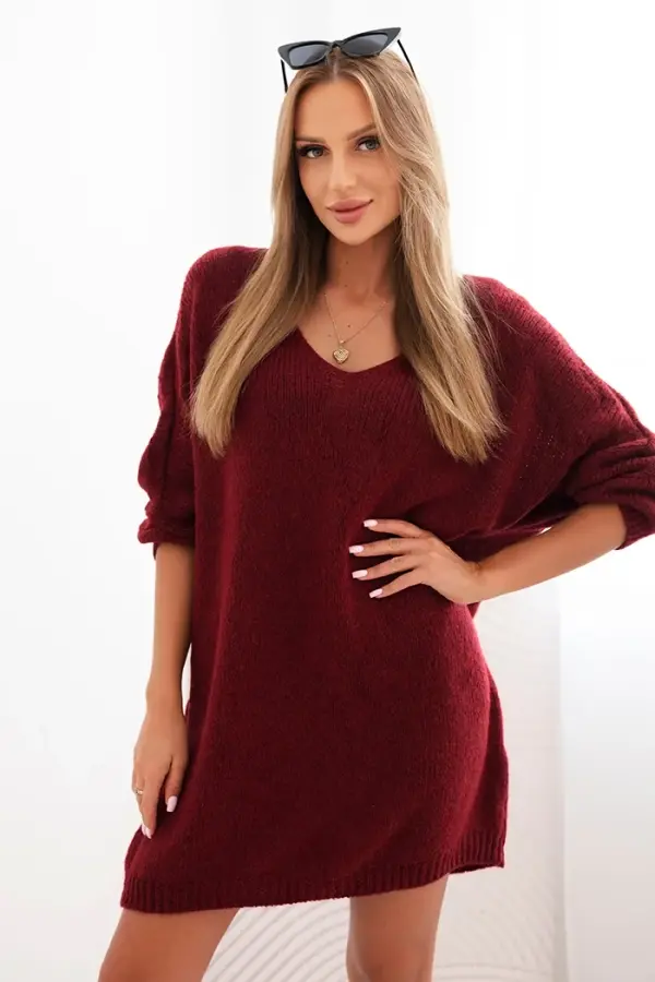 Kesi Włoski Kesi Włoski Plus Size women's dress wool with V-neck burgundy